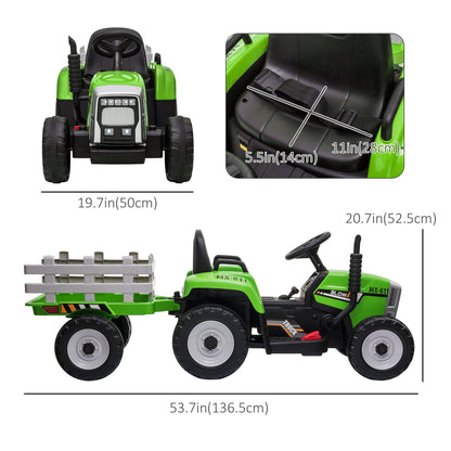 12V Electric Tractor for Kids - Ride-On with Trailer, Battery Powered, Remote Control, Music, Start-Up Sound & Horn, Green