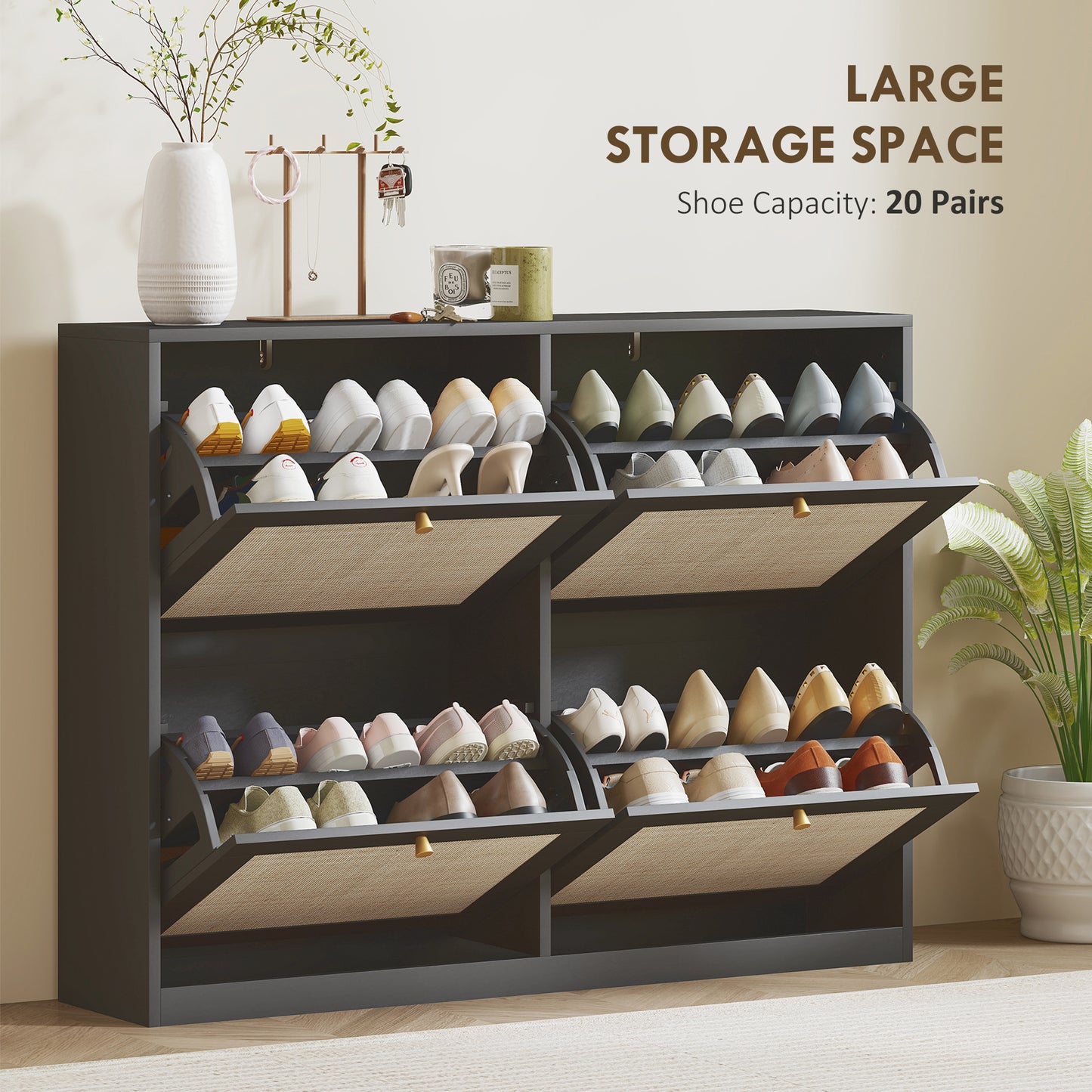 Narrow Shoe Storage Cabinet, Rattan Shoe Cabinet with 4 Flip Drawers and Adjustable Shelves for 20 Pairs, Black Kids Crystal