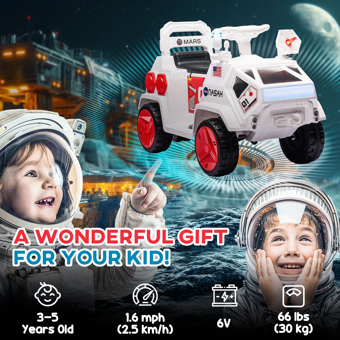 6V Mars Rover Ride On Car for Kids Sounds Lights MP3 Player Electric Toy Vehicle Riding Experience Ages 3-5 White Kids Crystal
