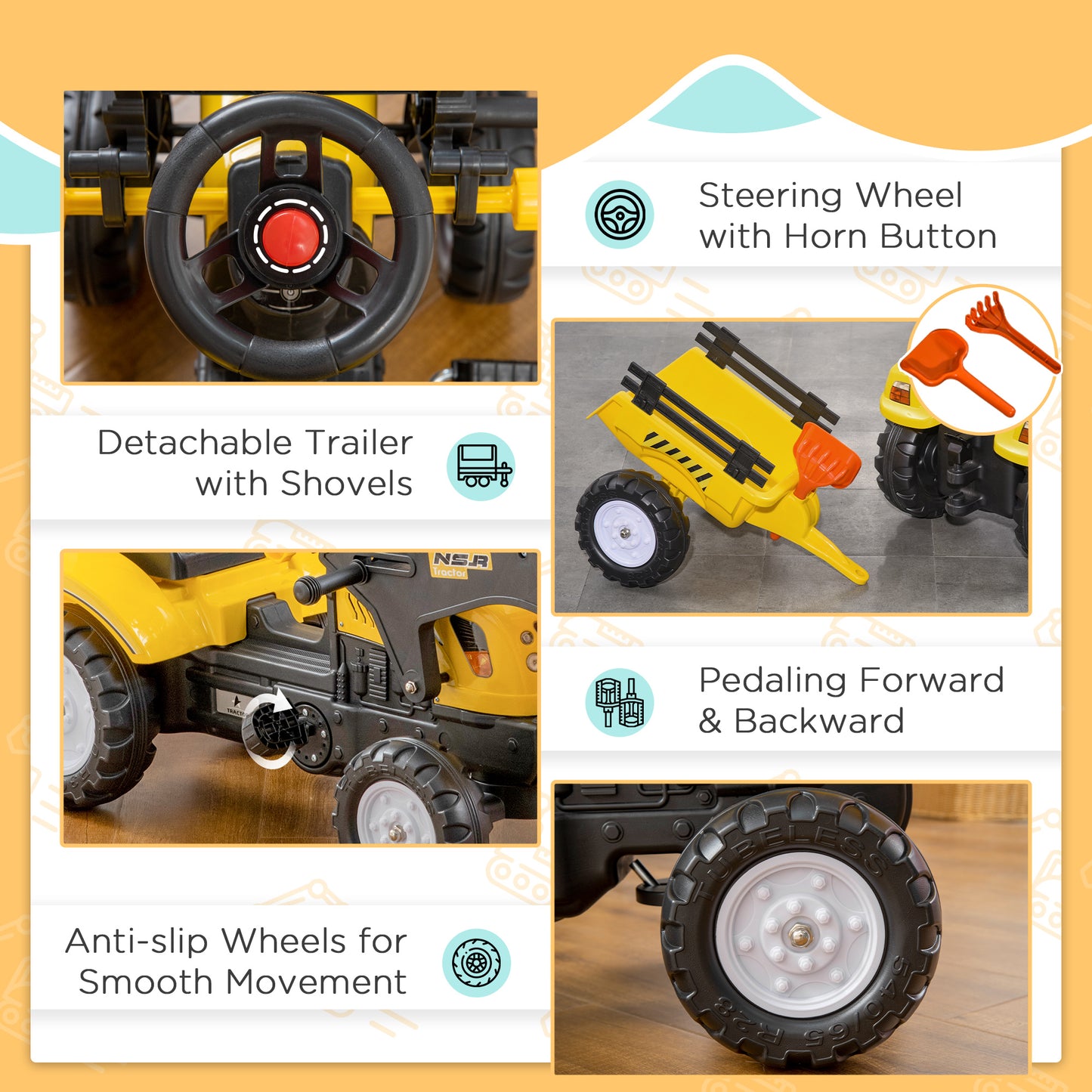 Front Loader Excavator Ride On Toy Pedal Control W/ 6 Wheels Controllable Bucket for 3-6 Years old Kids Crystal