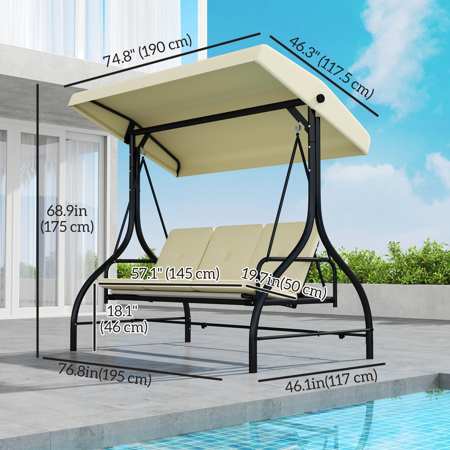 Convertible Patio Swing Bed with Canopy and Cushions, 3 Seater Porch Swing for Outdoor, Backyard, Garden, Beige Kids Crystal