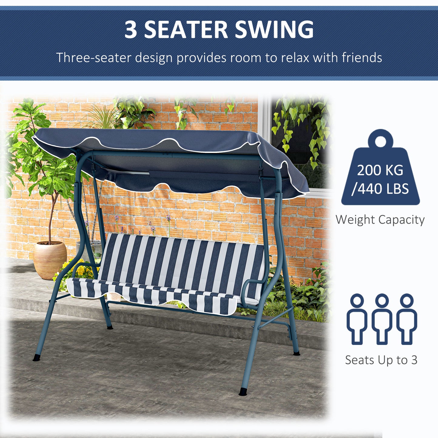 3-Seater Patio Swing Chair Outdoor Porch Swing with Adjustable Canopy Cushion Blue Kids Crystal