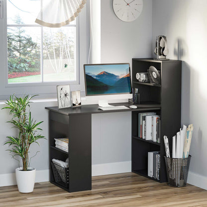 Modern Compact Computer Desk: 6-Tier Storage Shelves, Writing Table Workstation, Bookshelf, Home Office, Black