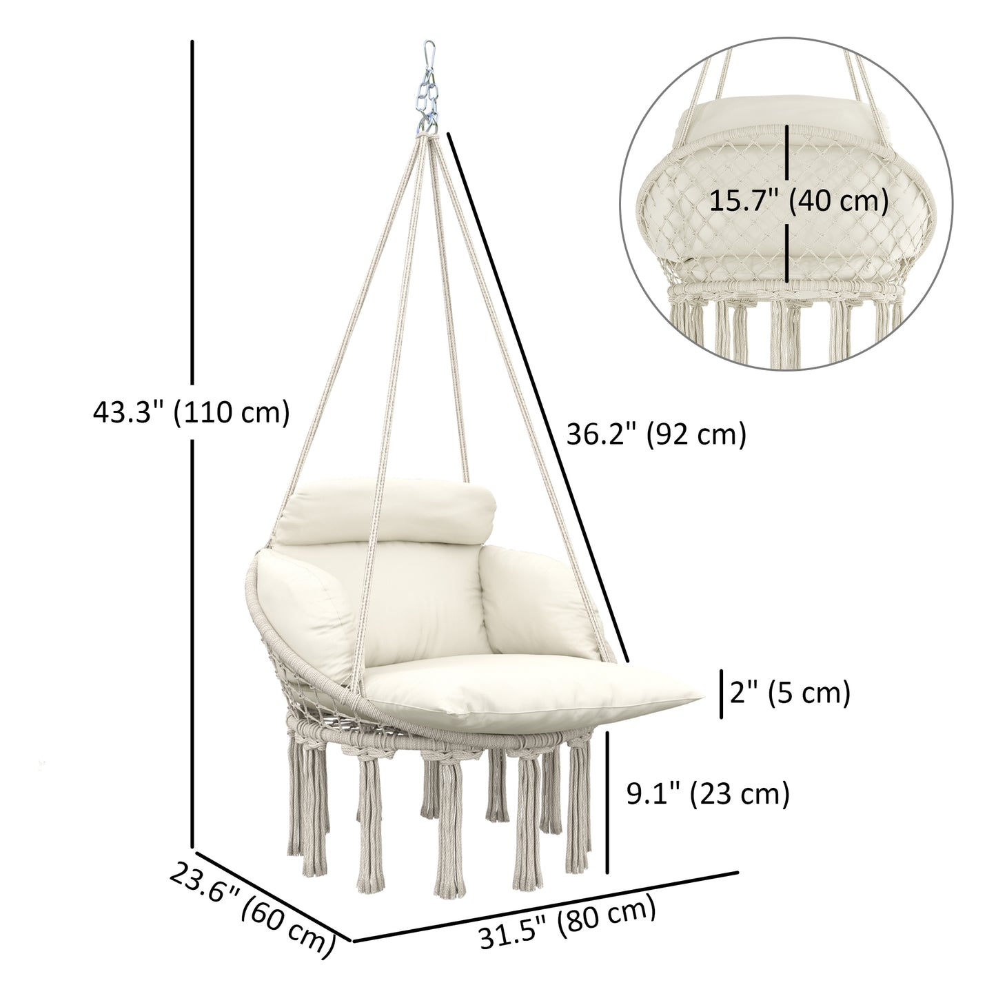 Boho Hammock Chair Swing Hanging Chair with Cushion, Chain, Steel Frame for Indoor Outdoor Bedroom Patio Balcony, Cream Kids Crystal