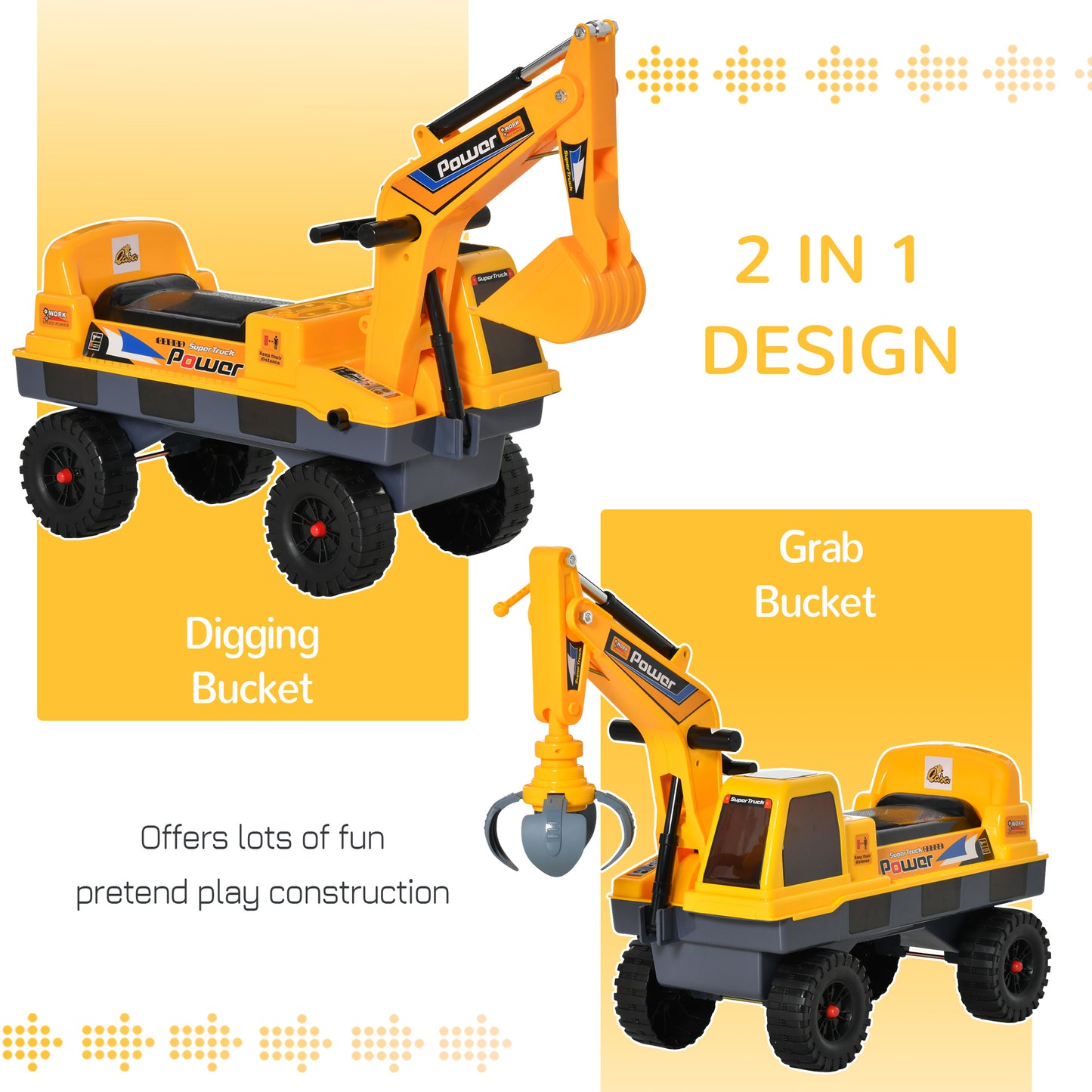 Construction Ride on Excavator Digger Multi-functional Bulldozer Toy Detachable Bucket Yellow Kids Crystal