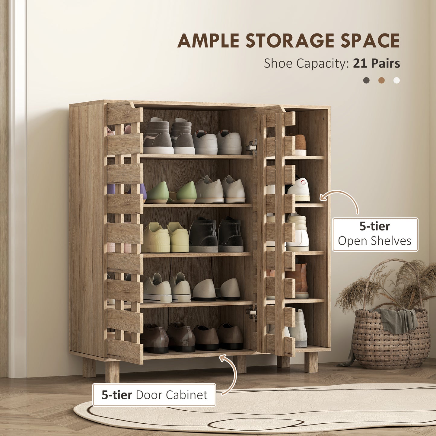 Shoe Cabinet, 21 Pair Shoe Storage Cabinet Organizer with 5-tier Double Door Cabinet and 5-tier Open Shelves, Beige Kids Crystal