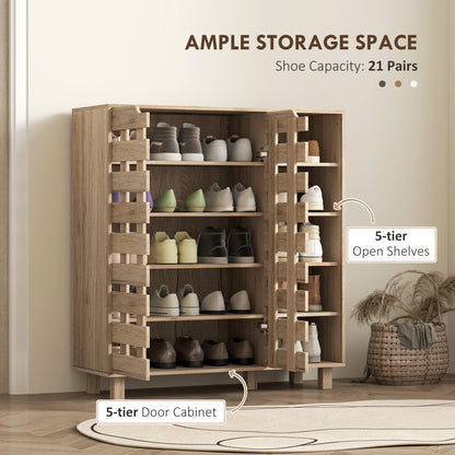 Shoe Cabinet, 21 Pair Shoe Storage Cabinet Organizer with 5-tier Double Door Cabinet and 5-tier Open Shelves, Beige