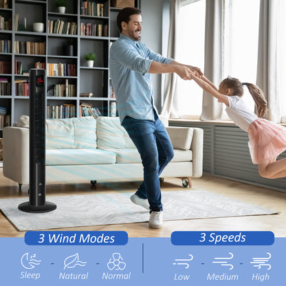 Oscillating Tower Fan Standup Cooling 3 Speed 12h Timer LED Remote Black for Efficient Air Circulation