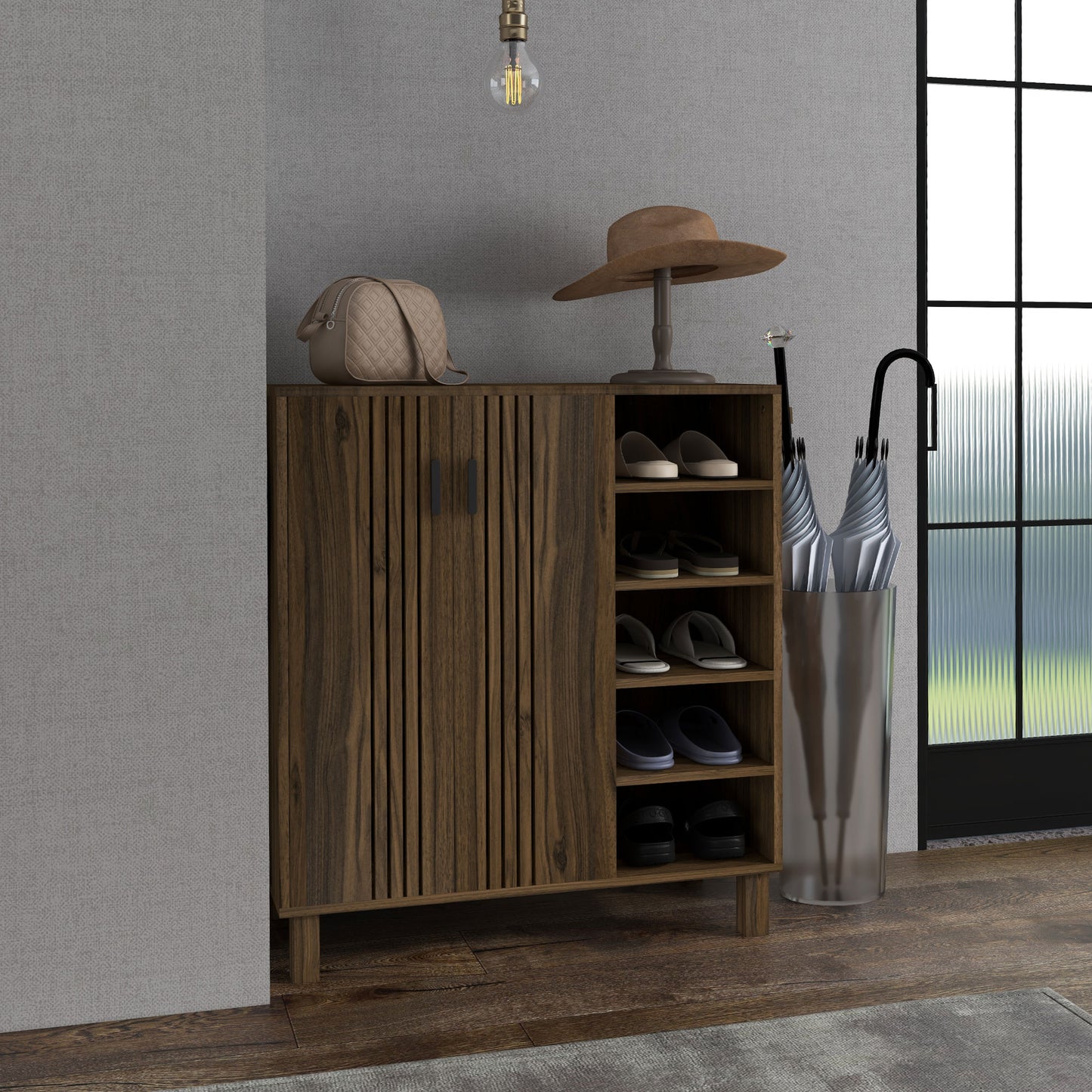 Entryway Elegance: Shoe Organizer with Double Doors, Open Shelves for 17 Pairs, Walnut Finish Kids Crystal