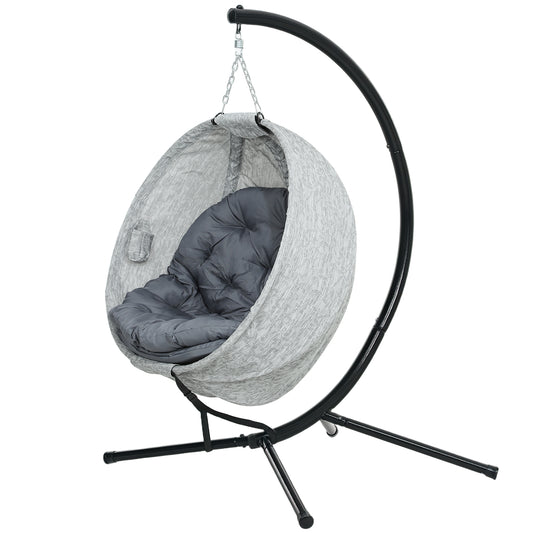 Egg Chair with Folding Basket, Outdoor Indoor Hanging Swing Chair with Stand, Cushions for Patio, Balcony, Grey