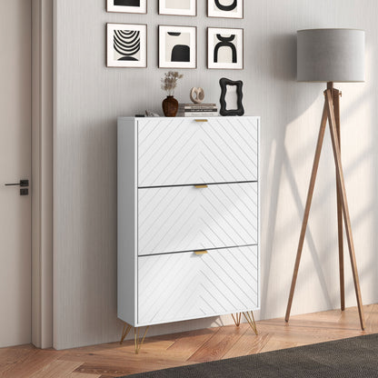 Shoe Sanctuary: Modern White Cabinet with 3 Flip Drawers, 8 Vents, Narrow Design for 18 Pairs, Entryway Organizer