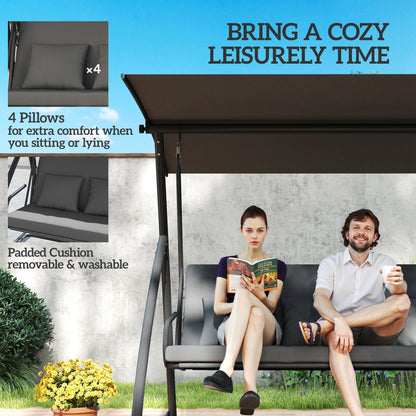 Patio Swing Chair, 3 Person Convertible Hammock, Outdoor Swing Lounge Bed, Cushioned with Tilt Canopy, Dark Grey