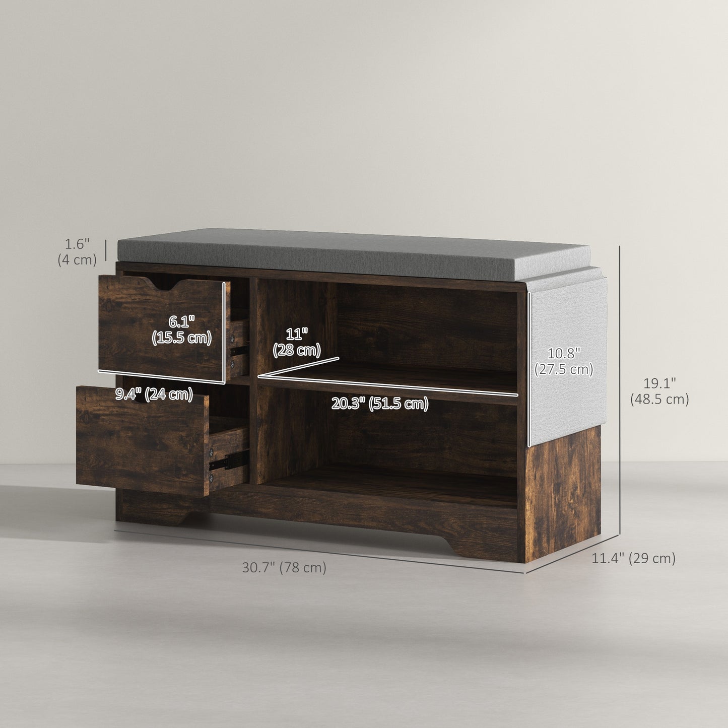 Upholstered Shoe Storage Bench w/ Seat, Entrance Bench w/ Drawer Open Shelves and Pocket for Hallway, Rustic Brown Kids Crystal