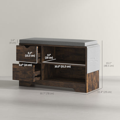Upholstered Shoe Storage Bench w/ Seat, Entrance Bench w/ Drawer Open Shelves and Pocket for Hallway, Rustic Brown
