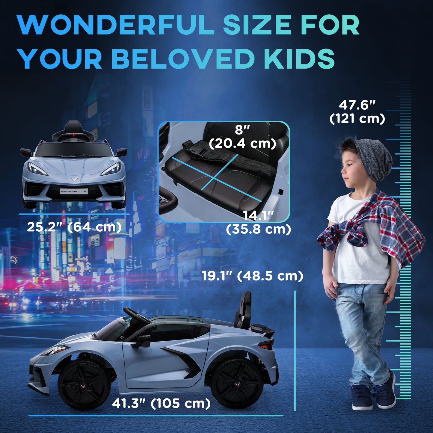 12V Kids Electric Car Corvette Licensed Remote Control Suspension Music Headlight Slow Start Light Blue Ride On Kids Crystal