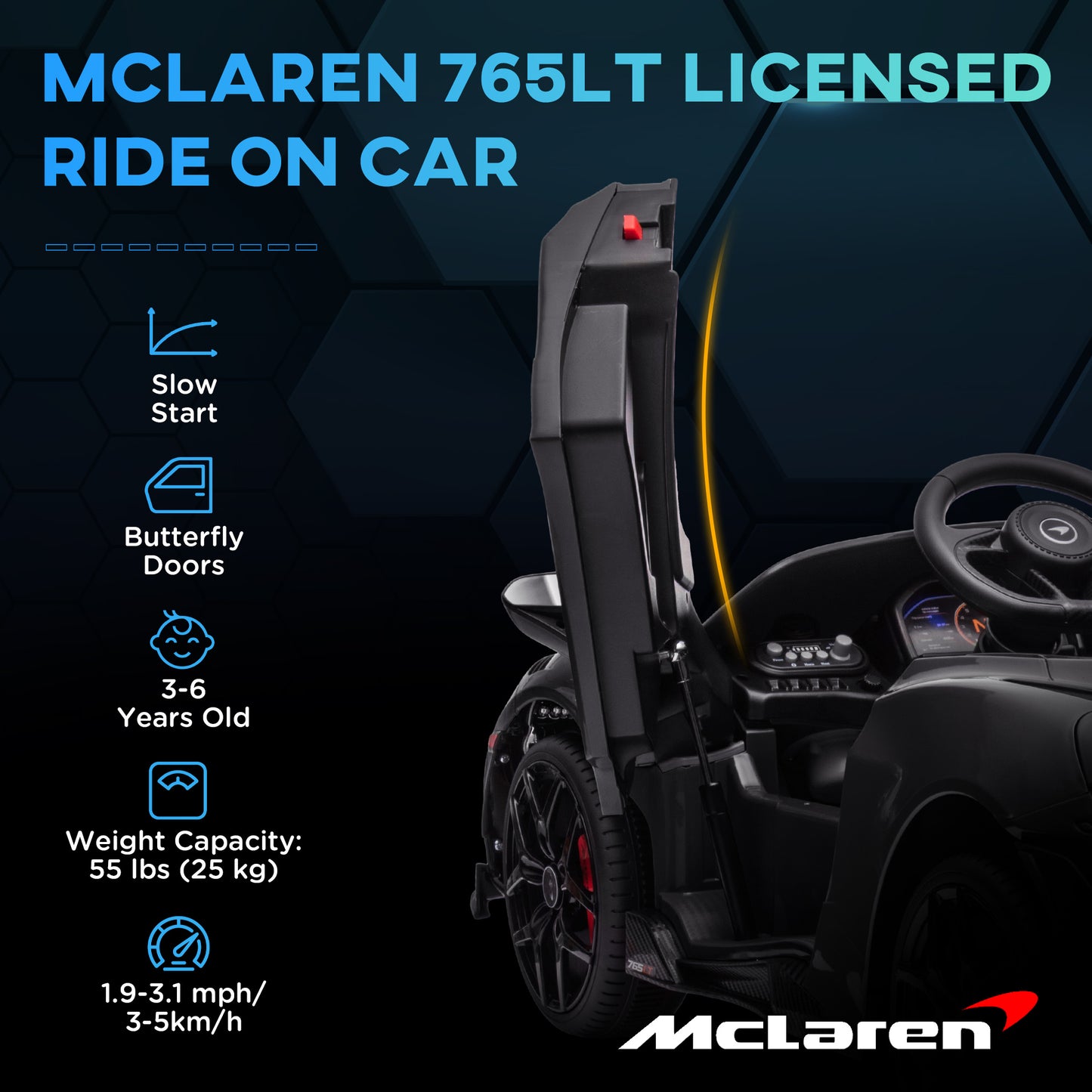 McLaren 765LT Licensed 12V Kids Electric Car w/ Scissor Doors, Training Wheels, Remote, Slow Start, Music Horn Black Kids Crystal