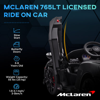 McLaren 765LT Licensed 12V Kids Electric Car w/ Scissor Doors, Training Wheels, Remote, Slow Start, Music Horn Black