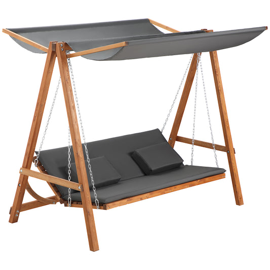 3 Seater Patio Swing Chair Convertible Cushioned Porch Swing Bed with Canopy, Wood Frame for Outdoor, Backyard, Garden