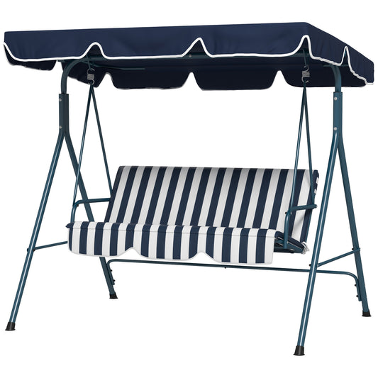 3-Seater Outdoor Porch Swing with Adjustable Canopy, Patio Swing Chair for Garden, Poolside, Backyard, Blue and White Kids Crystal
