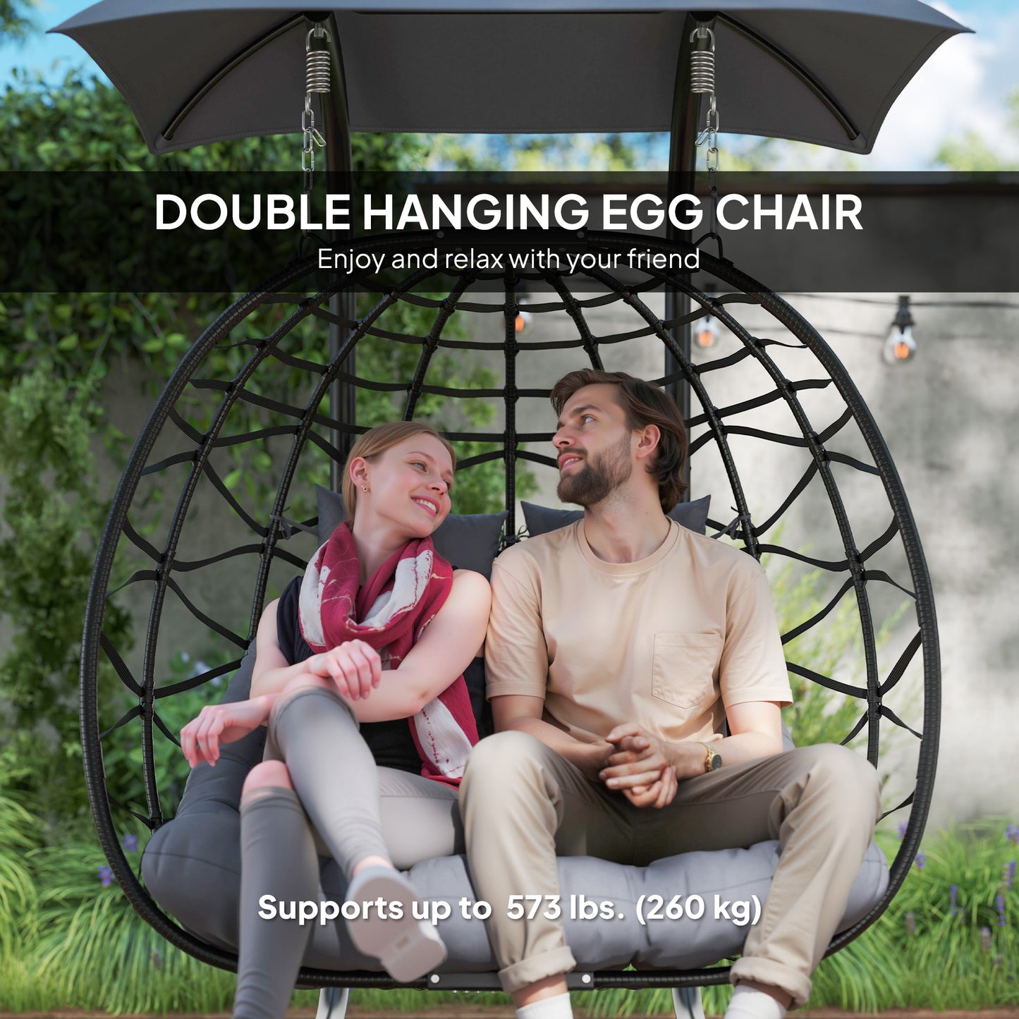 Double Wicker Egg Swing Chair with Canopy, Foldable Hanging Egg Chair with Stand Cushion Headrest, Black Kids Crystal