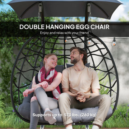 Double Wicker Egg Swing Chair with Canopy, Foldable Hanging Egg Chair with Stand Cushion Headrest, Black