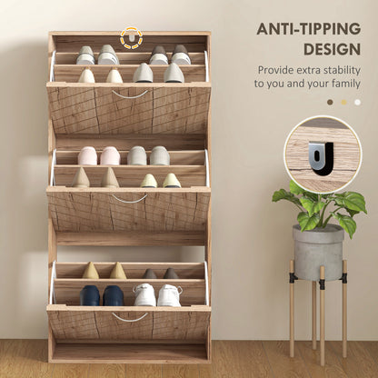 Narrow Slim Shoe Storage Cabinet with 3 Flip Drawers 12 Pair Shoes Organizer for Hallway Entryway Nature Wood
