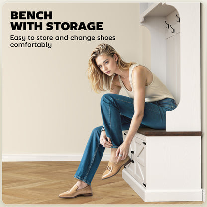 3-in-1 Hall Tree with Bench, Coat Rack with Shoe Storage, White Wood Grain