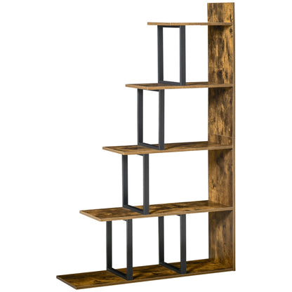 Rustic Ladder Chic: 5-Tier Industrial Wooden Bookshelf Display Stand Organizer, Rustic Brown for Living Room