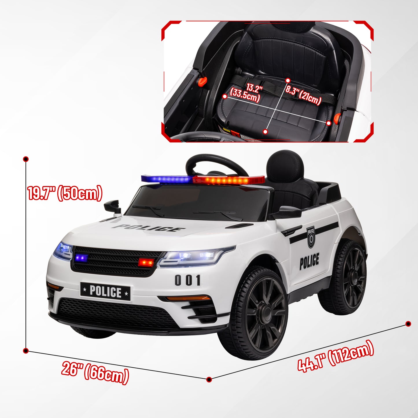 12V Kids Electric Police Car w/ Remote Control, Spring Suspension, Training Wheel, Siren, Music, Light, Horn, White Kids Crystal