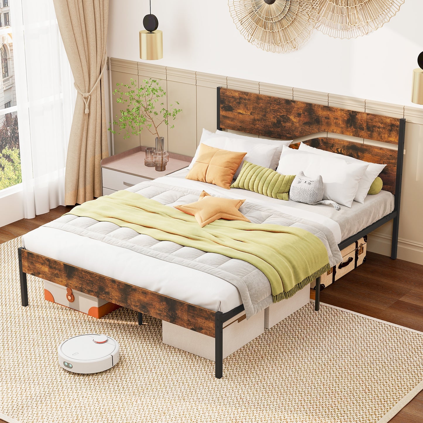 Twin/Full/Queen/King Metal Bed Frame with Wooden Headboard and Footboard-Queen Size Kids Crystal