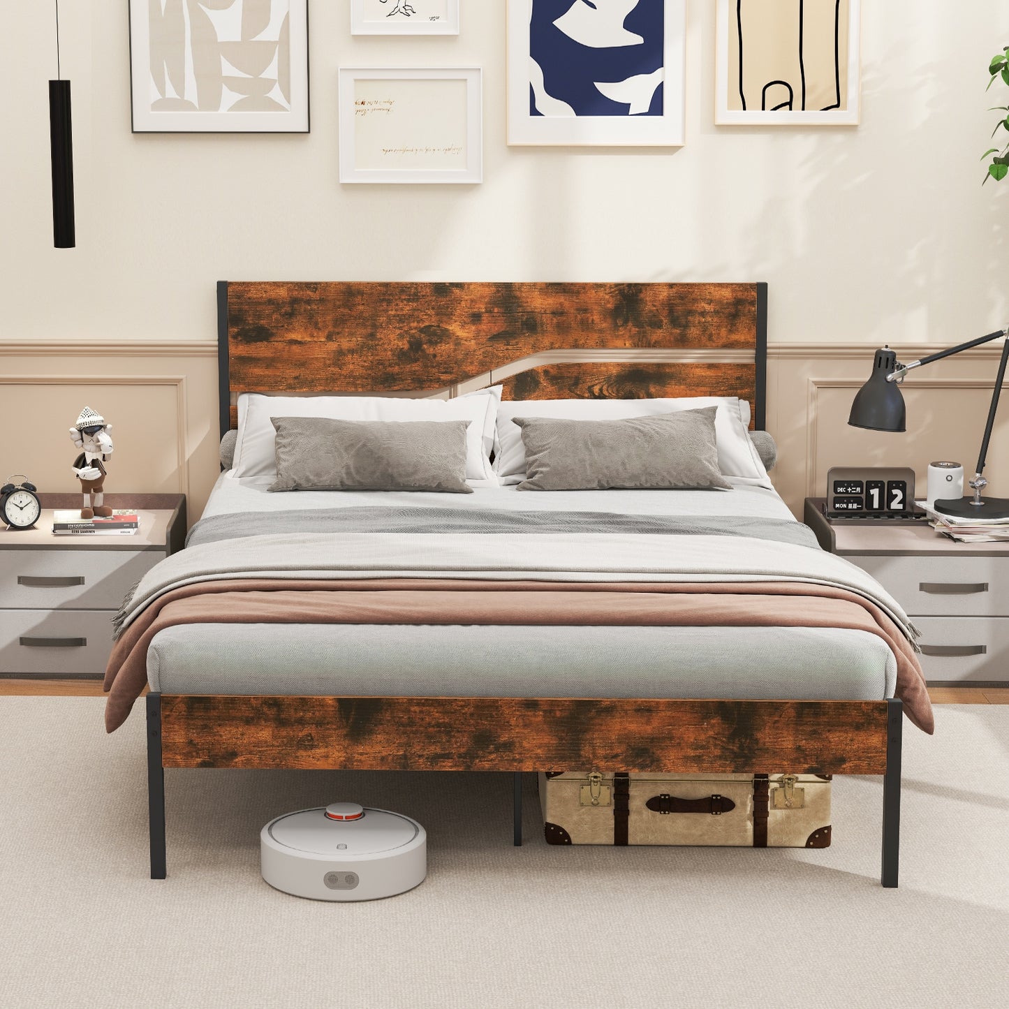 Twin/Full/Queen/King Metal Bed Frame with Wooden Headboard and Footboard-Queen Size Kids Crystal