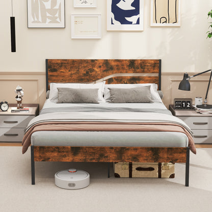 Twin/Full/Queen/King Metal Bed Frame with Wooden Headboard and Footboard-Queen Size