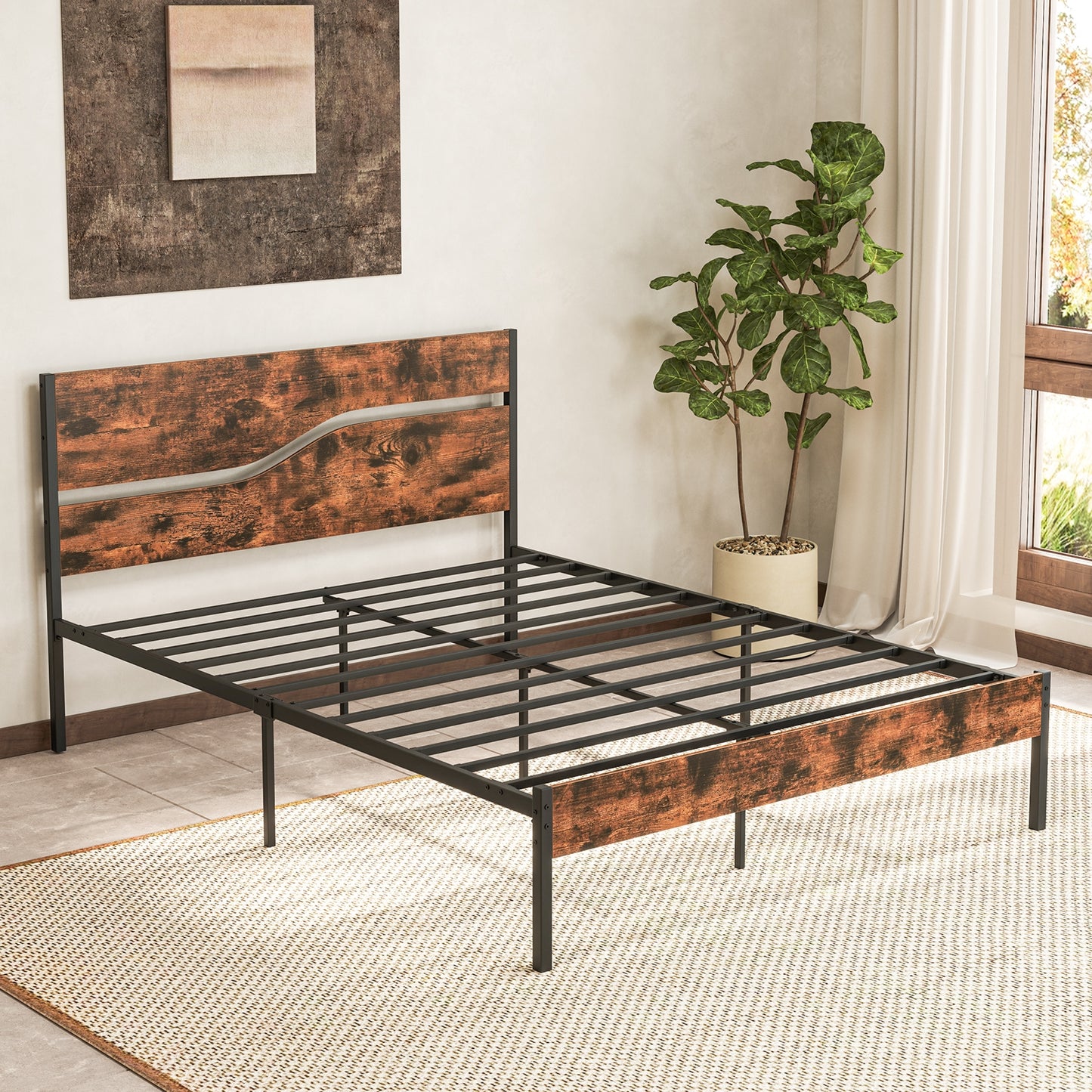 Twin/Full/Queen/King Metal Bed Frame with Wooden Headboard and Footboard-Queen Size Kids Crystal
