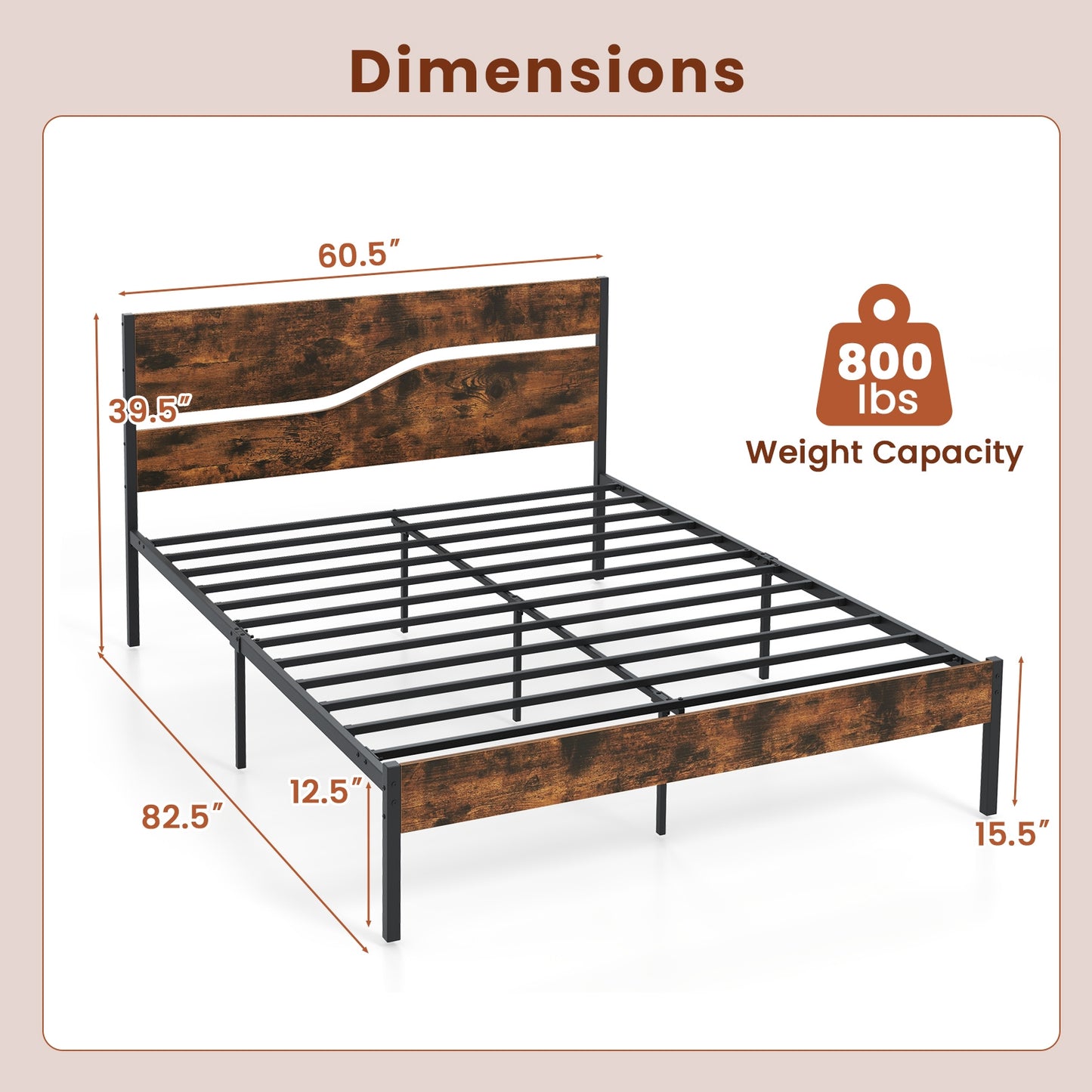 Twin/Full/Queen/King Metal Bed Frame with Wooden Headboard and Footboard-Queen Size Kids Crystal