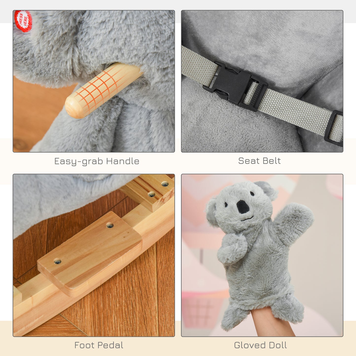 Koala Rocking Horse for Kids - Plush Ride-On Toy with Gloved Doll & Sounds, Ideal for 18-36 Months, Grey Kids Crystal