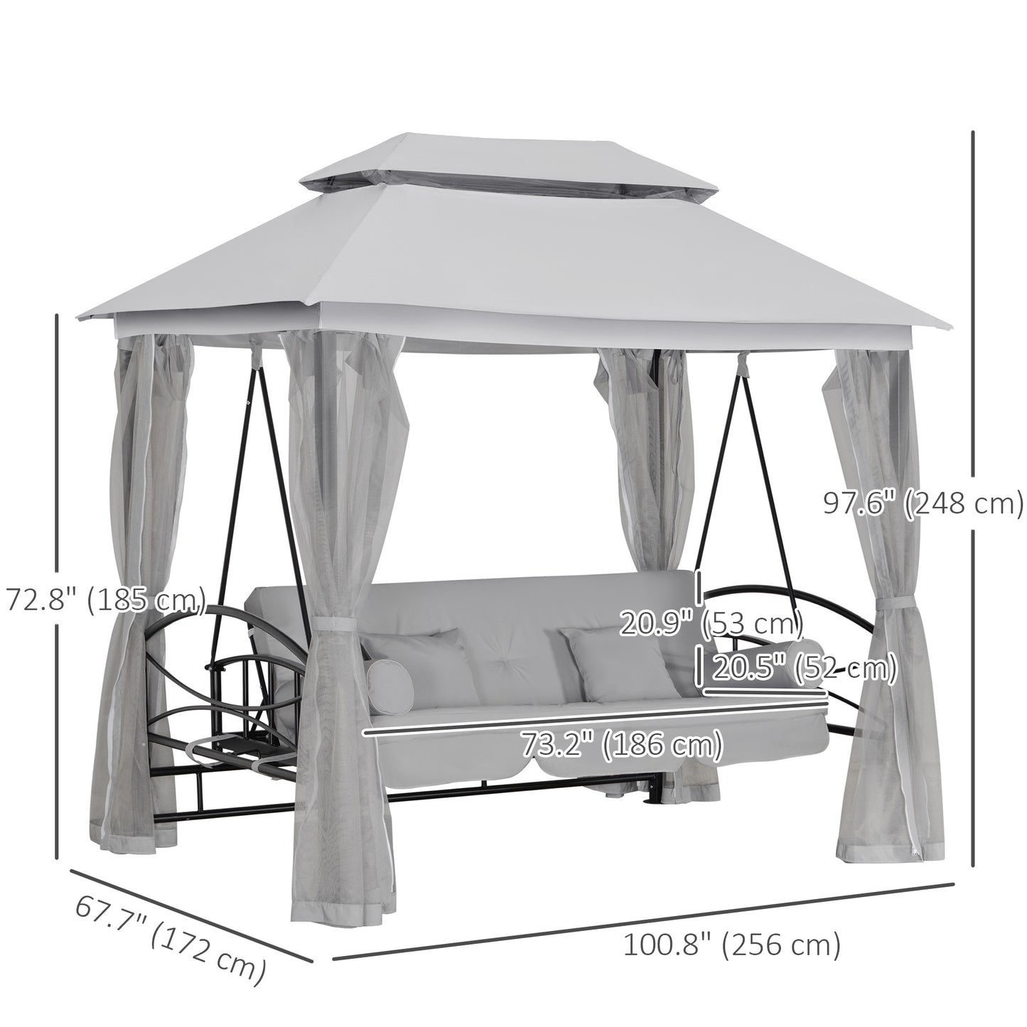 3 Person Outdoor Patio Daybed, 3 in 1 Canopy Gazebo Swing Chair Garden Hammock with Mesh Mosquito and Sun Shade, Grey Kids Crystal