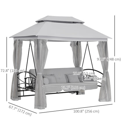 3 Person Outdoor Patio Daybed, 3 in 1 Canopy Gazebo Swing Chair Garden Hammock with Mesh Mosquito and Sun Shade, Grey