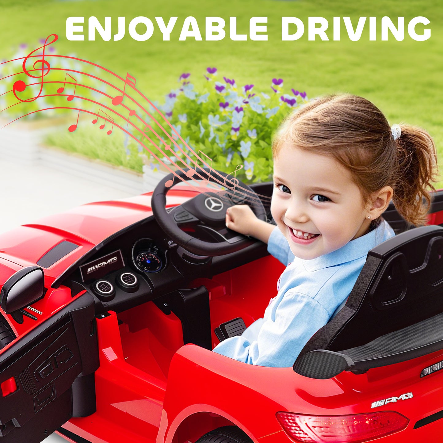 Mercedes-Benz AMG GTR Licensed 12V Battery Powered Kids Electric Car w/ Remote, Soft Start, Lights, Music Horn Red Kids Crystal