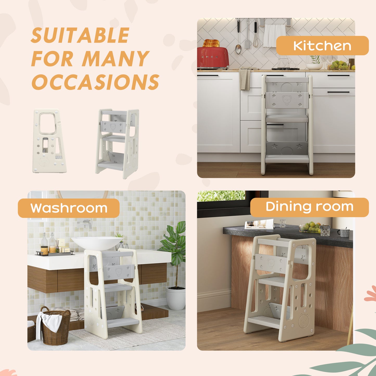 Kids Step Stool Adjustable Standing Platform Cream White Kids Crystal