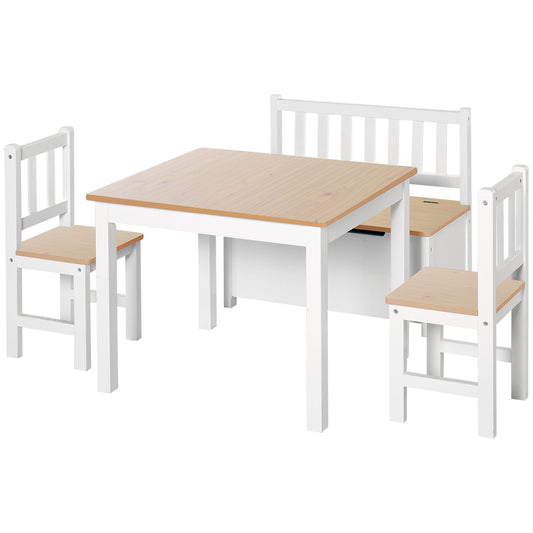 4-Piece Kids Wood Table Chair Bench Set: With Storage, Easy Clean, Natural/White Gift for Age 3+ Kids Crystal