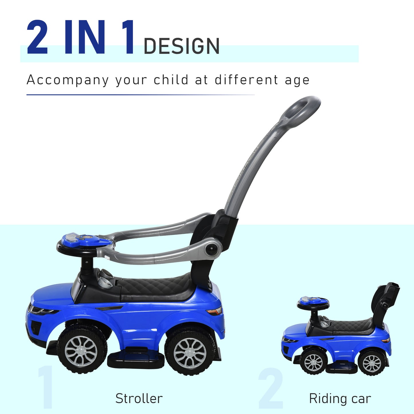 3 In 1 Kid Ride on Push Car Stroller Sliding Walking Car with Horn Music Light for 1-3 Years Old Blue Kids Crystal