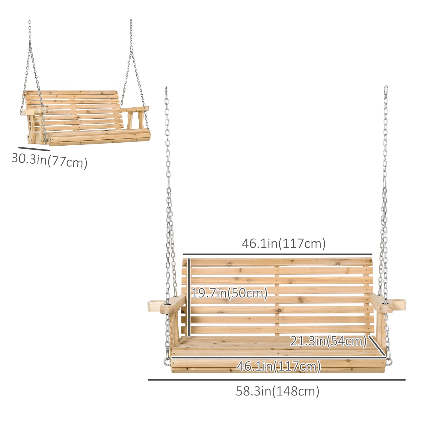 2 Seater Wooden Porch Swing Patio Swing Seat with Cup Holder and Chains Outdoor Swing Bench for Garden Yard, Natural Kids Crystal