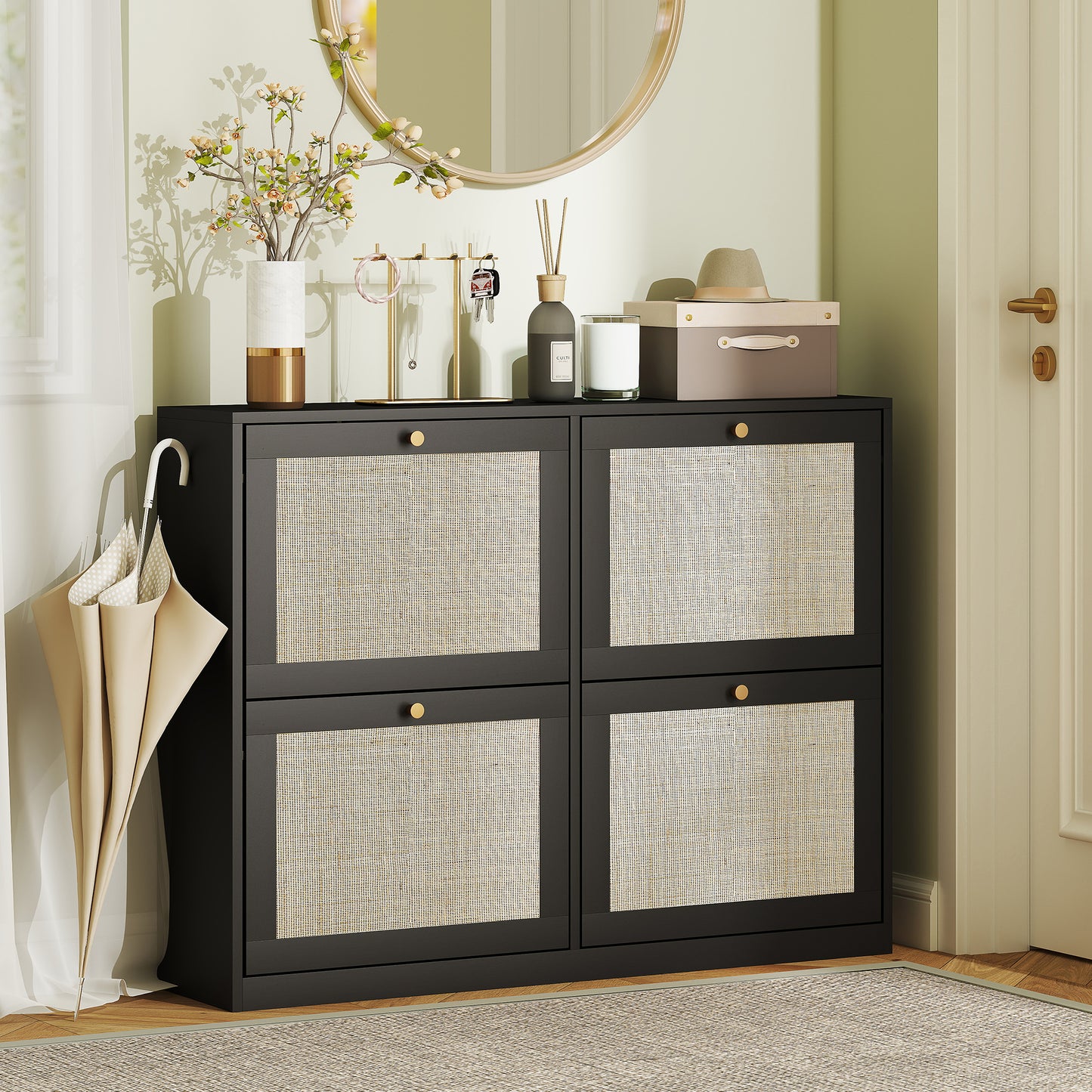 Narrow Shoe Storage Cabinet, Rattan Shoe Cabinet with 4 Flip Drawers and Adjustable Shelves for 20 Pairs, Black Kids Crystal