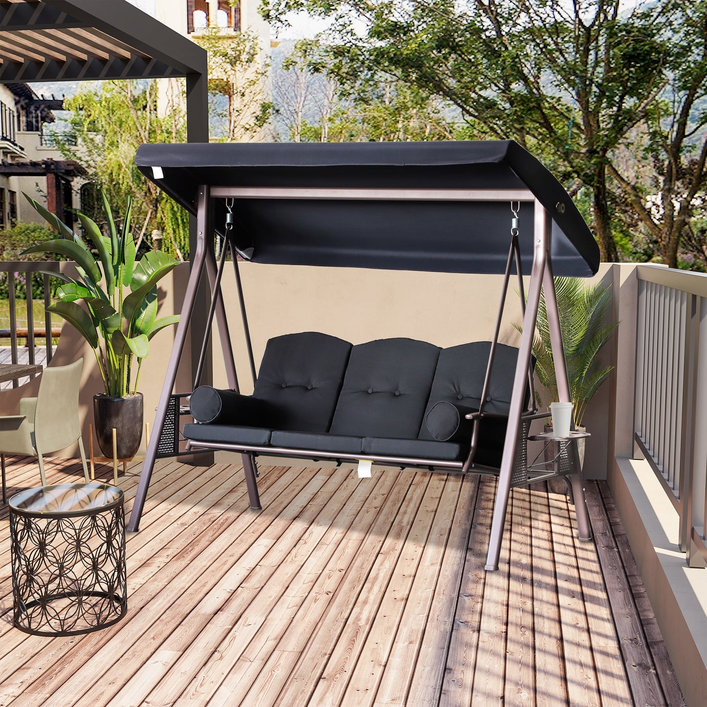 3-Person Porch Swing Chair Heavy Duty Outdoor Lounge Hammock with Cushioned Seat and Tilt Canopy Black Kids Crystal