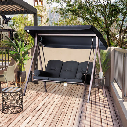 3-Person Porch Swing Chair Heavy Duty Outdoor Lounge Hammock with Cushioned Seat and Tilt Canopy Black