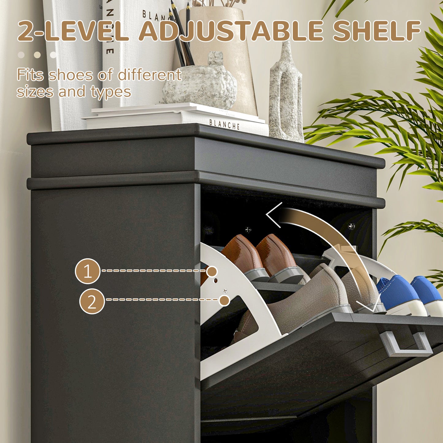 Compact Shoe Haven: 2 Flip Drawer Cabinet with Adjustable Shelves for 10 Pairs of Shoes, Black Finish Kids Crystal