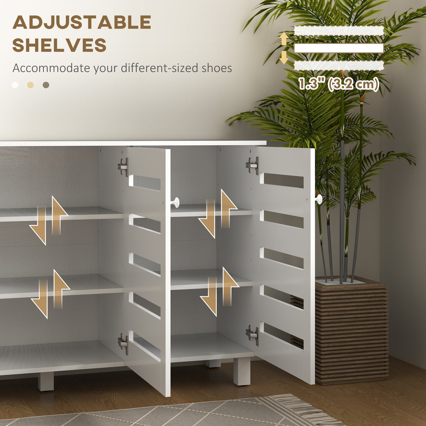Shoe Cabinet with 3 Slatted Doors, 3-tier Shelving Rack Cabinet with Adjustable Shelves for 15 Pairs of Shoes, White Kids Crystal