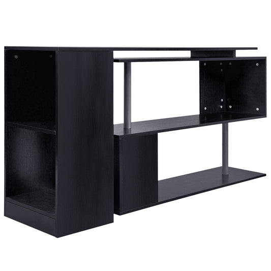 55" Black Corner Computer Desk - 360° Rotating L-Shaped Workstation with 3-Tier Shelves & Bookshelf