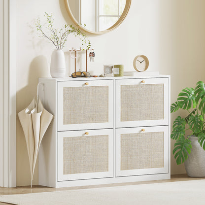 Narrow Shoe Storage Cabinet, Rattan Shoe Cabinet with 4 Flip Drawers and Adjustable Shelves for 20 Pairs, White