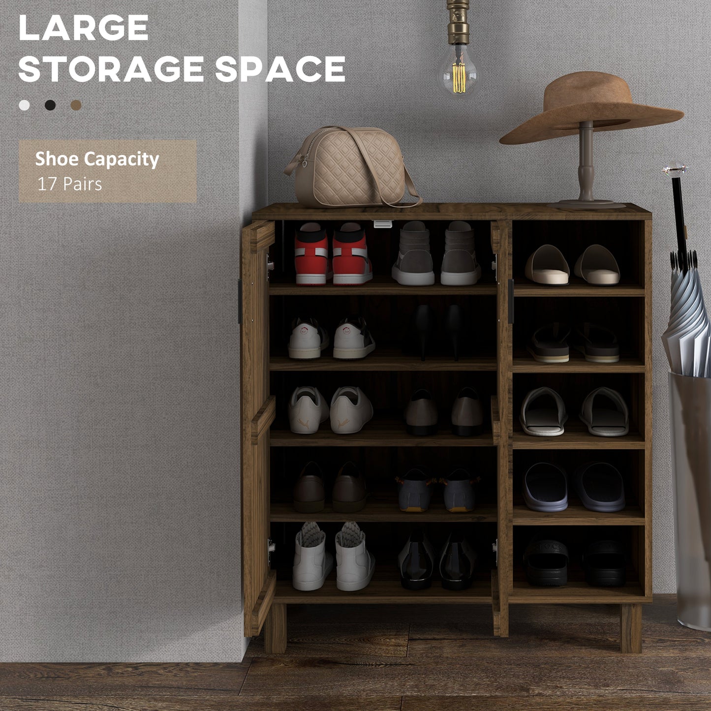 Entryway Elegance: Shoe Organizer with Double Doors, Open Shelves for 17 Pairs, Walnut Finish Kids Crystal